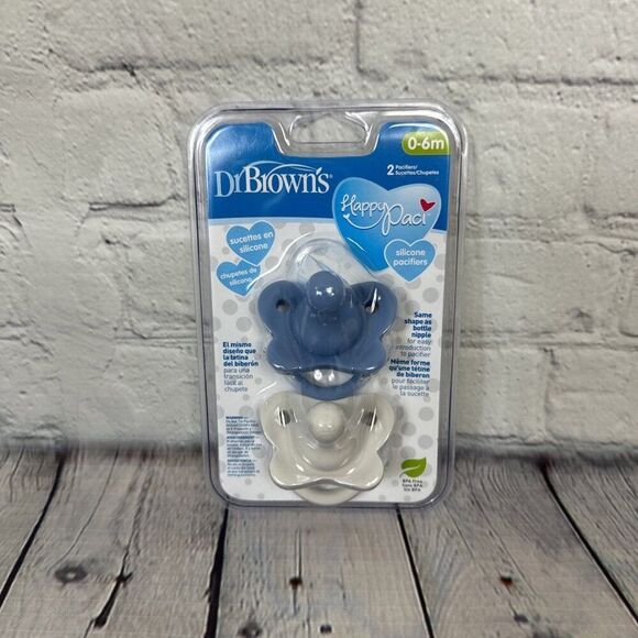 Dr Brown's Happy Paci 0-6m Silicone Baby Pacifiers New 2 Pack BLUE/WHITE - Picture 1 of 2